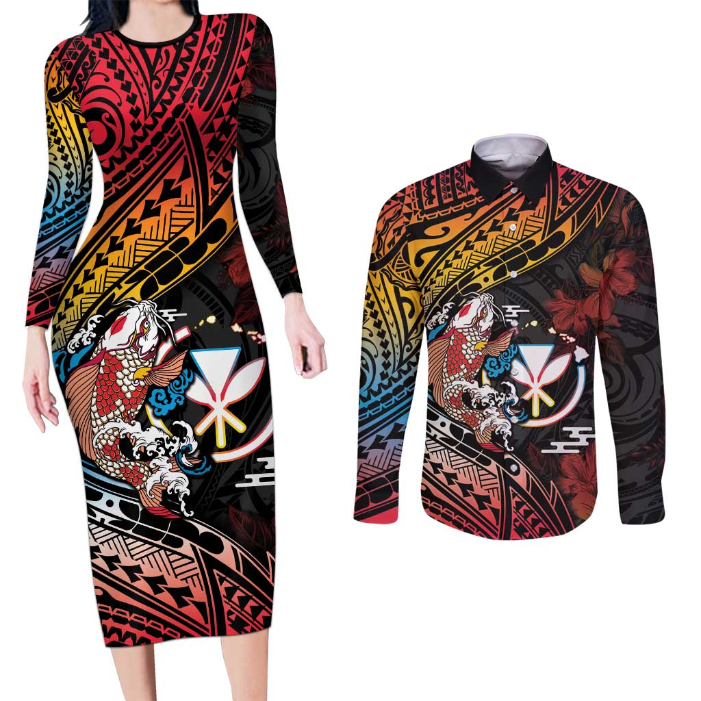 Hawaii And Japan Couples Matching Long Sleeve Bodycon Dress and Long Sleeve Button Shirt Koi Fish With Kanaka Maoli LT05 Black - Polynesian Pride