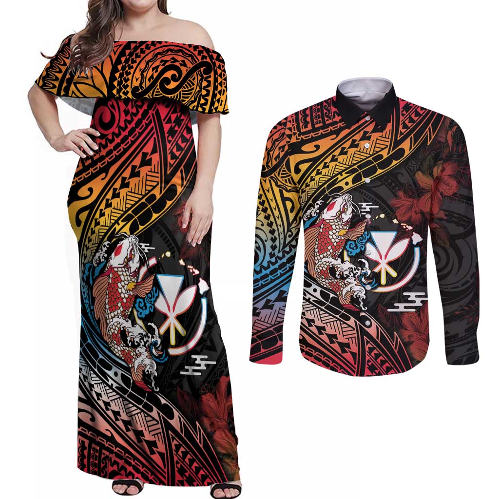 Hawaii And Japan Couples Matching Off Shoulder Maxi Dress and Long Sleeve Button Shirt Koi Fish With Kanaka Maoli LT05 Black - Polynesian Pride