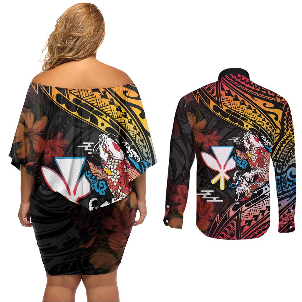 Hawaii And Japan Couples Matching Off Shoulder Short Dress and Long Sleeve Button Shirt Koi Fish With Kanaka Maoli