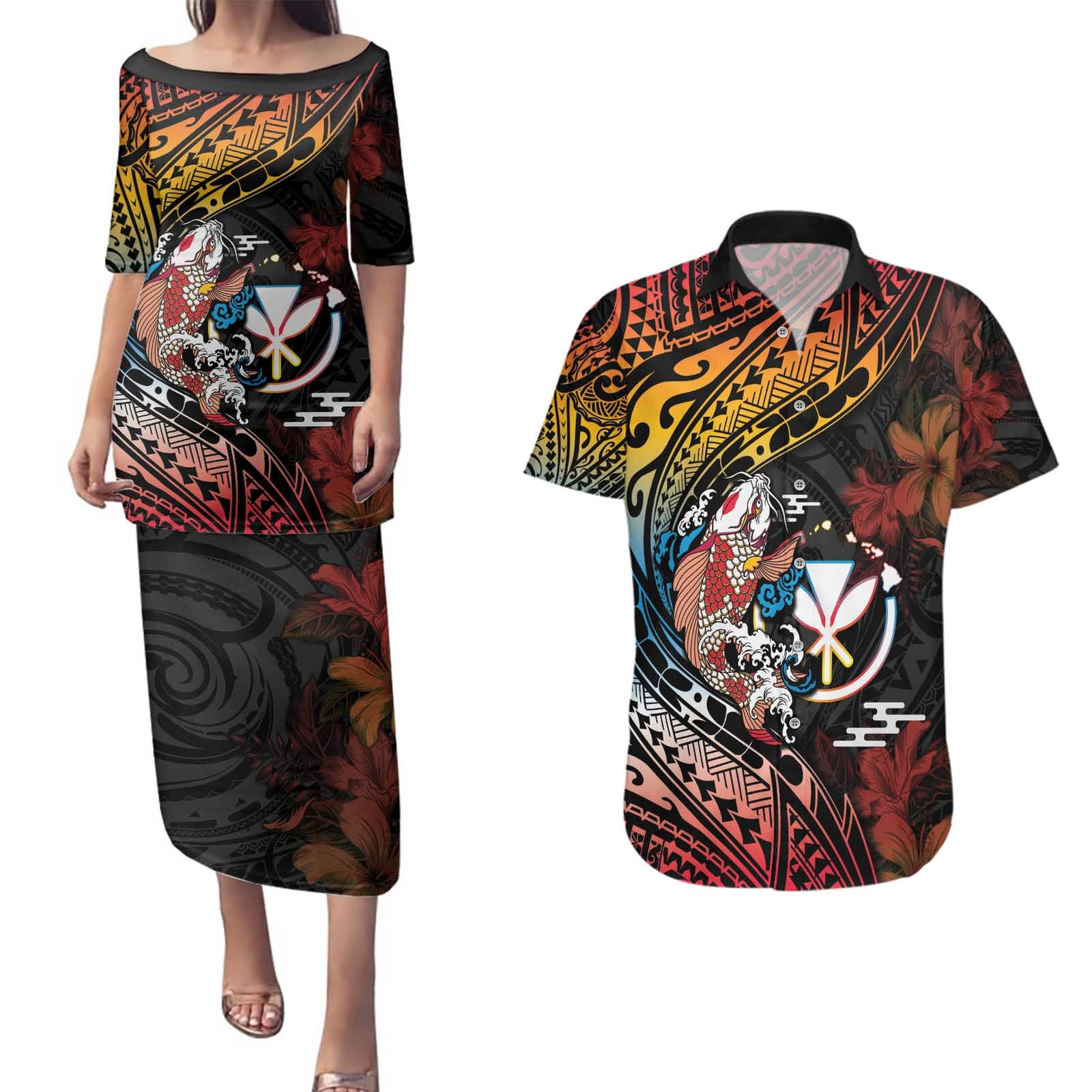 Hawaii And Japan Couples Matching Puletasi and Hawaiian Shirt Koi Fish With Kanaka Maoli LT05 Black - Polynesian Pride
