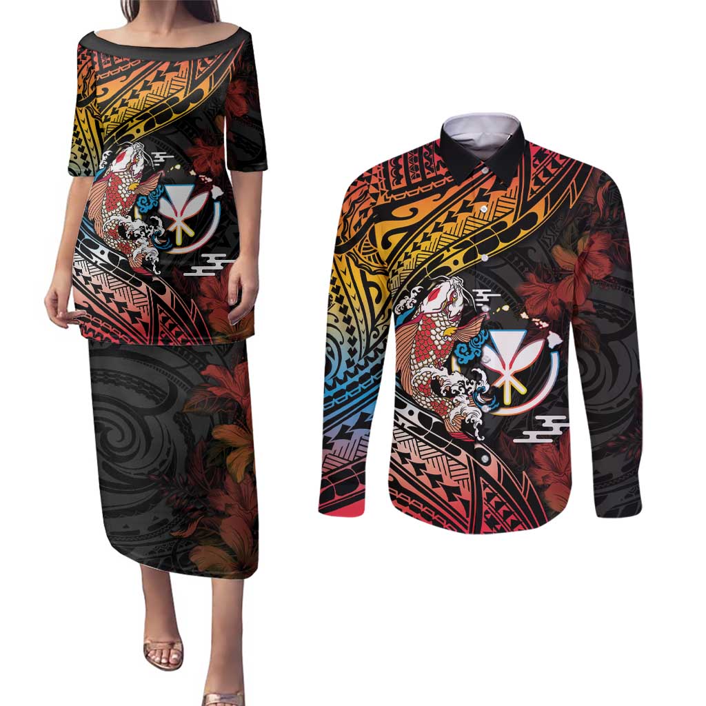 Hawaii And Japan Couples Matching Puletasi and Long Sleeve Button Shirt Koi Fish With Kanaka Maoli LT05 Black - Polynesian Pride