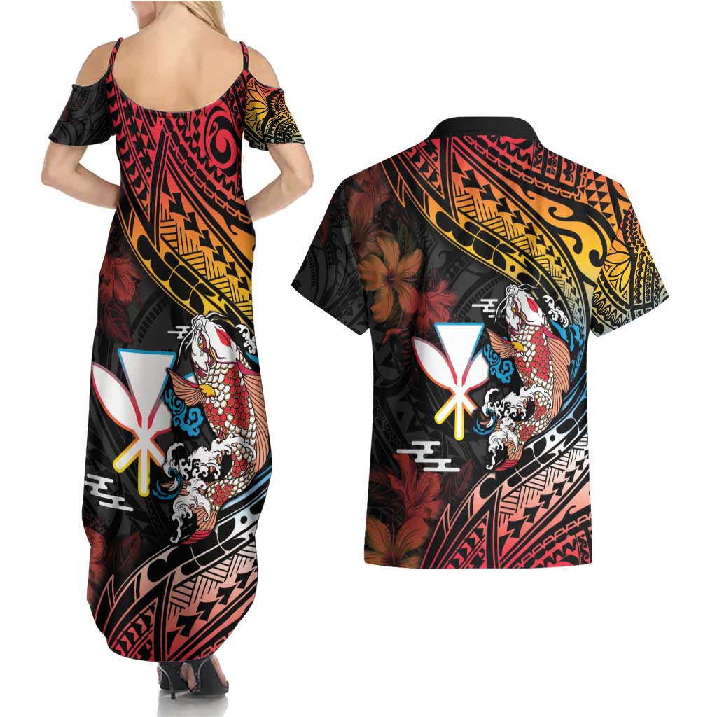 Hawaii And Japan Couples Matching Summer Maxi Dress and Hawaiian Shirt Koi Fish With Kanaka Maoli