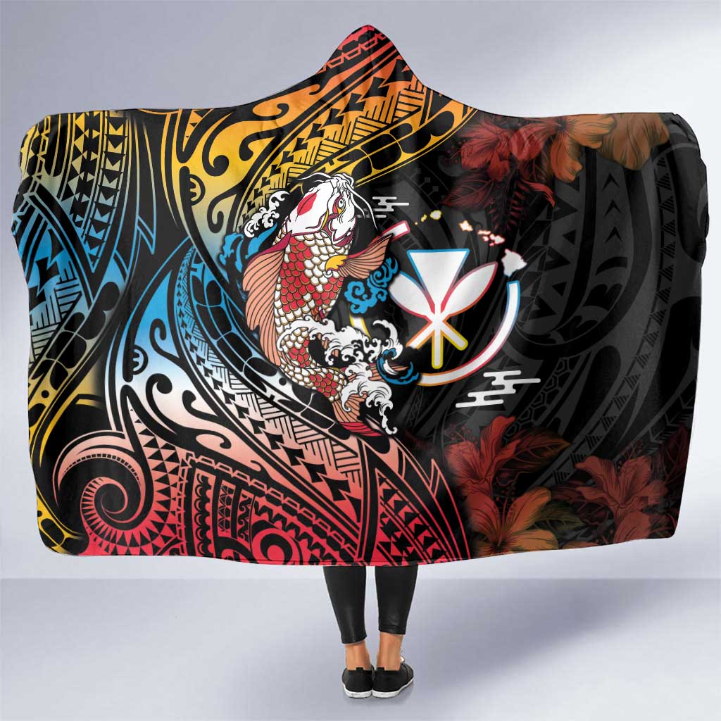 Hawaii And Japan Hooded Blanket Koi Fish With Kanaka Maoli LT05 One Size Black - Polynesian Pride