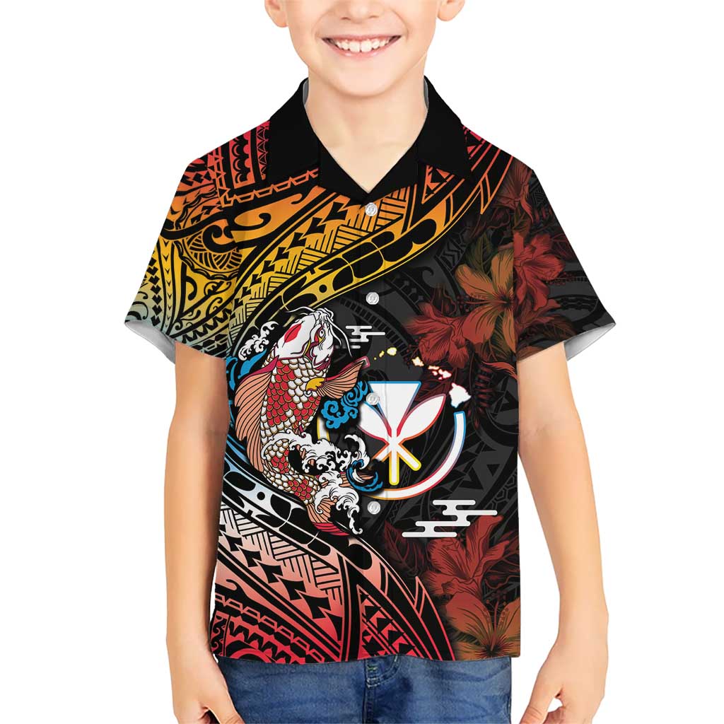 Hawaii And Japan Kid Hawaiian Shirt Koi Fish With Kanaka Maoli LT05 Kid Black - Polynesian Pride