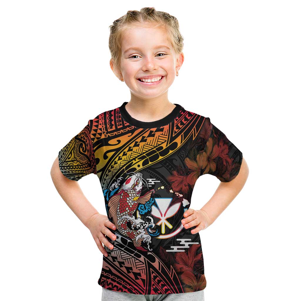 Hawaii And Japan Kid T Shirt Koi Fish With Kanaka Maoli LT05 Black - Polynesian Pride