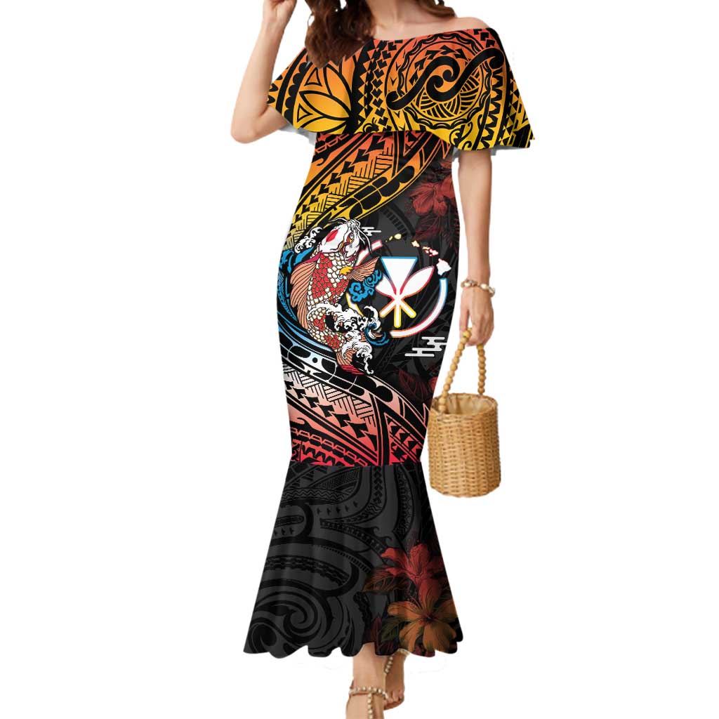 Hawaii And Japan Mermaid Dress Koi Fish With Kanaka Maoli LT05 Women Black - Polynesian Pride