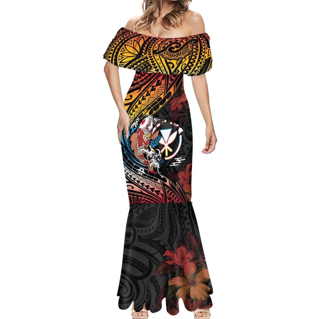 Hawaii And Japan Mermaid Dress Koi Fish With Kanaka Maoli LT05 - Polynesian Pride