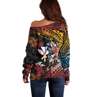 Hawaii And Japan Off Shoulder Sweater Koi Fish With Kanaka Maoli