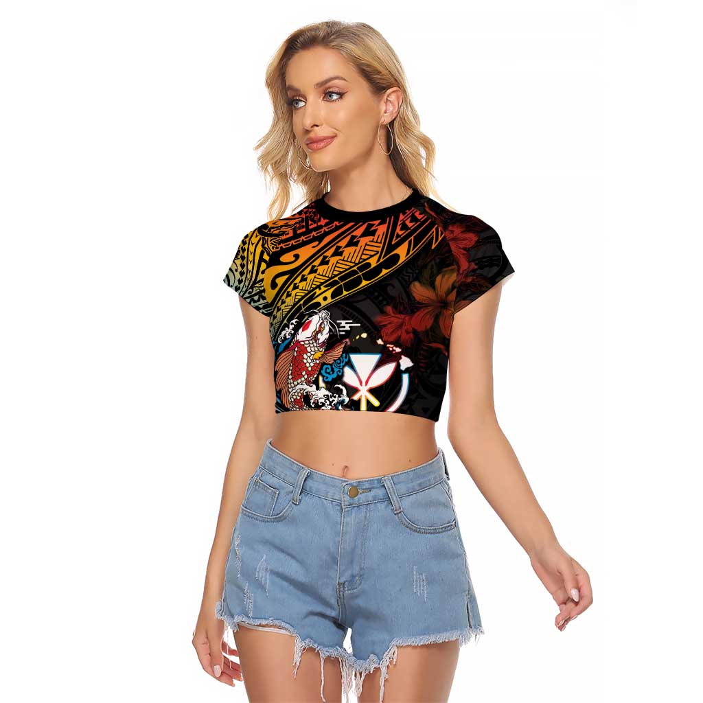 Hawaii And Japan Raglan Cropped T Shirt Koi Fish With Kanaka Maoli LT05 Female Black - Polynesian Pride