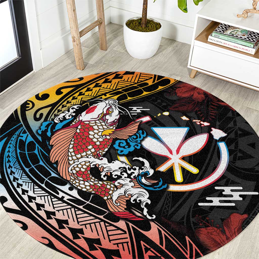 Hawaii And Japan Round Carpet Koi Fish With Kanaka Maoli LT05 Black - Polynesian Pride