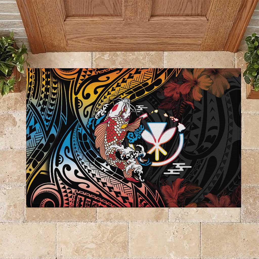 Hawaii And Japan Rubber Doormat Koi Fish With Kanaka Maoli LT05 Black - Polynesian Pride