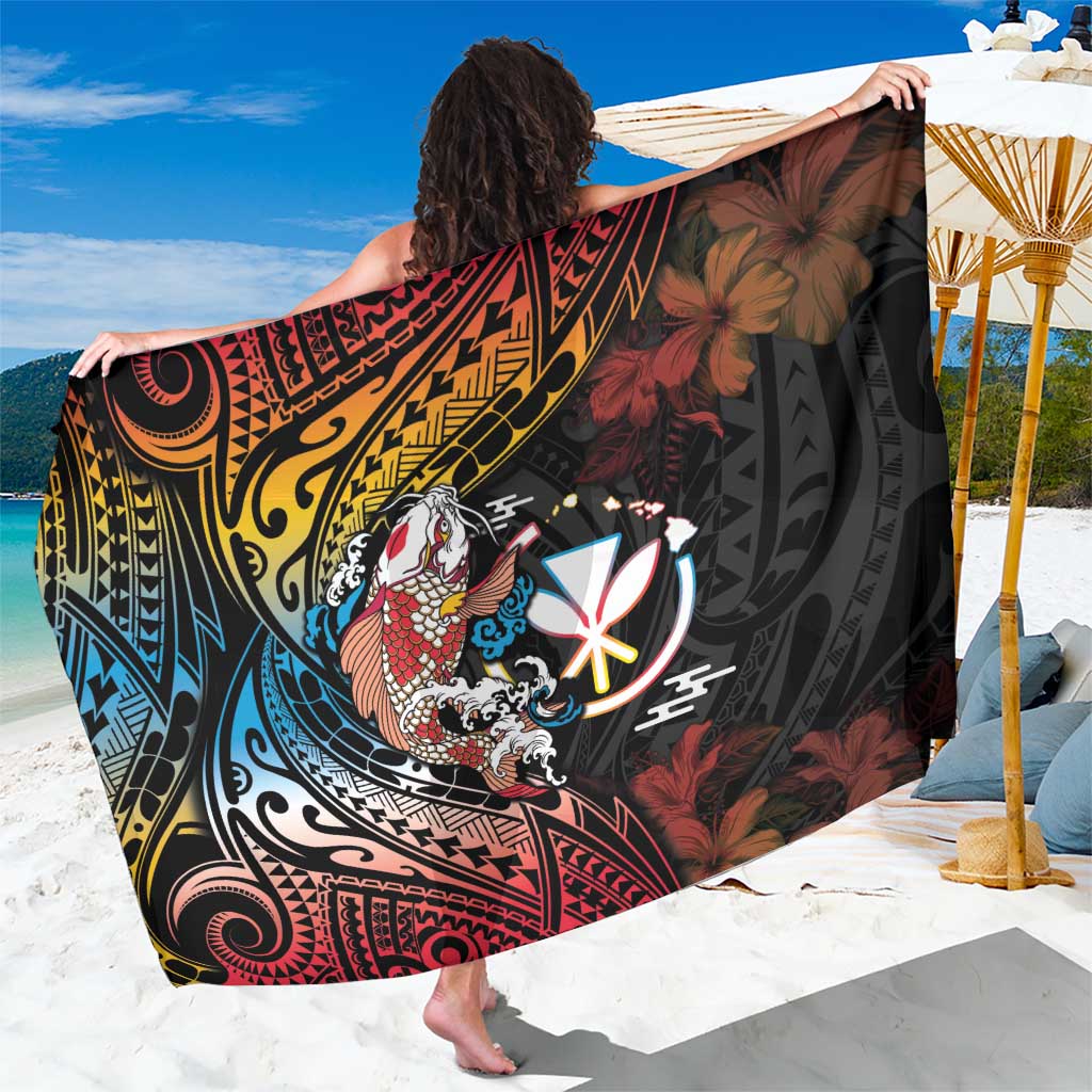 Hawaii And Japan Sarong Koi Fish With Kanaka Maoli LT05 One Size 44 x 66 inches Black - Polynesian Pride