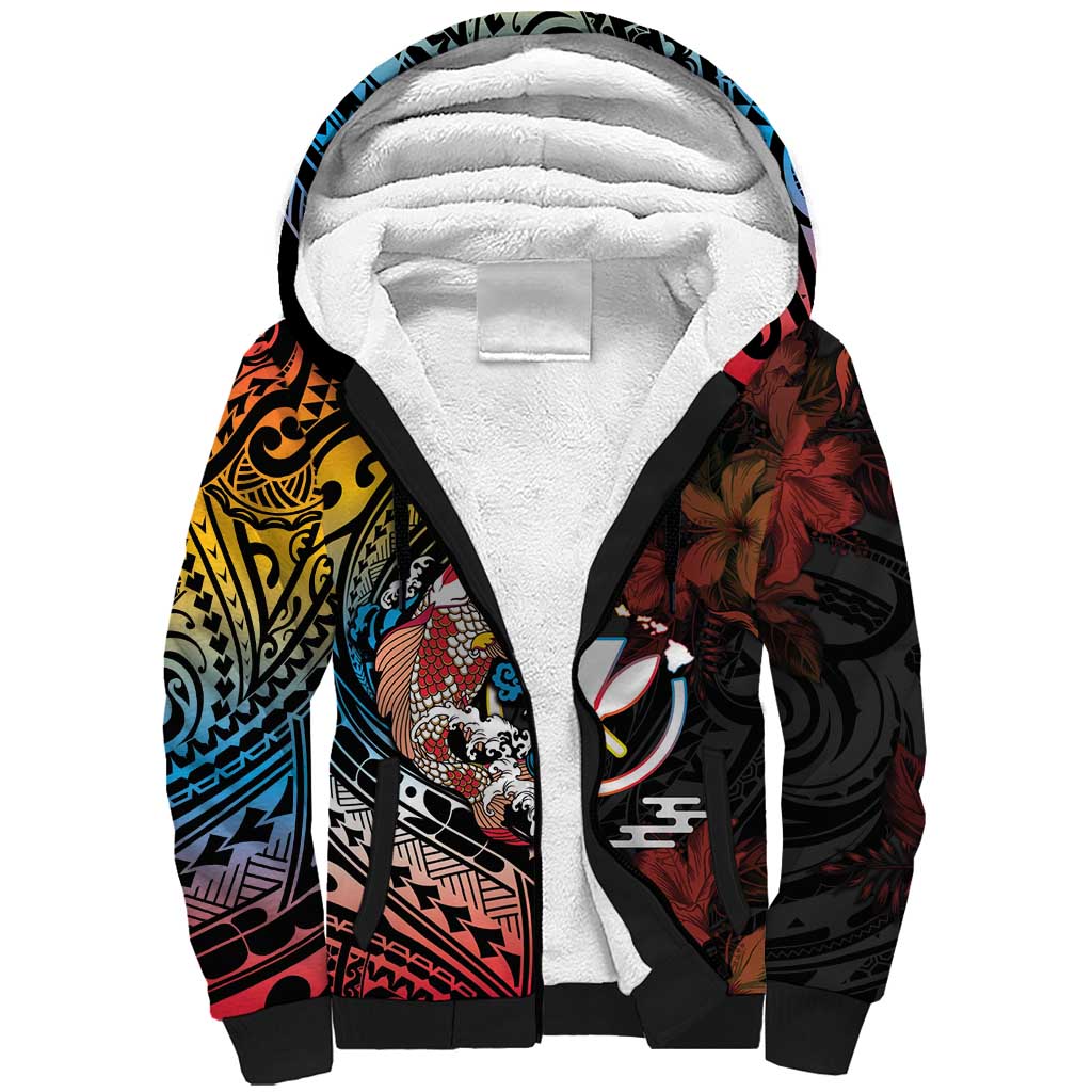 Hawaii And Japan Sherpa Hoodie Koi Fish With Kanaka Maoli LT05 Unisex Black - Polynesian Pride