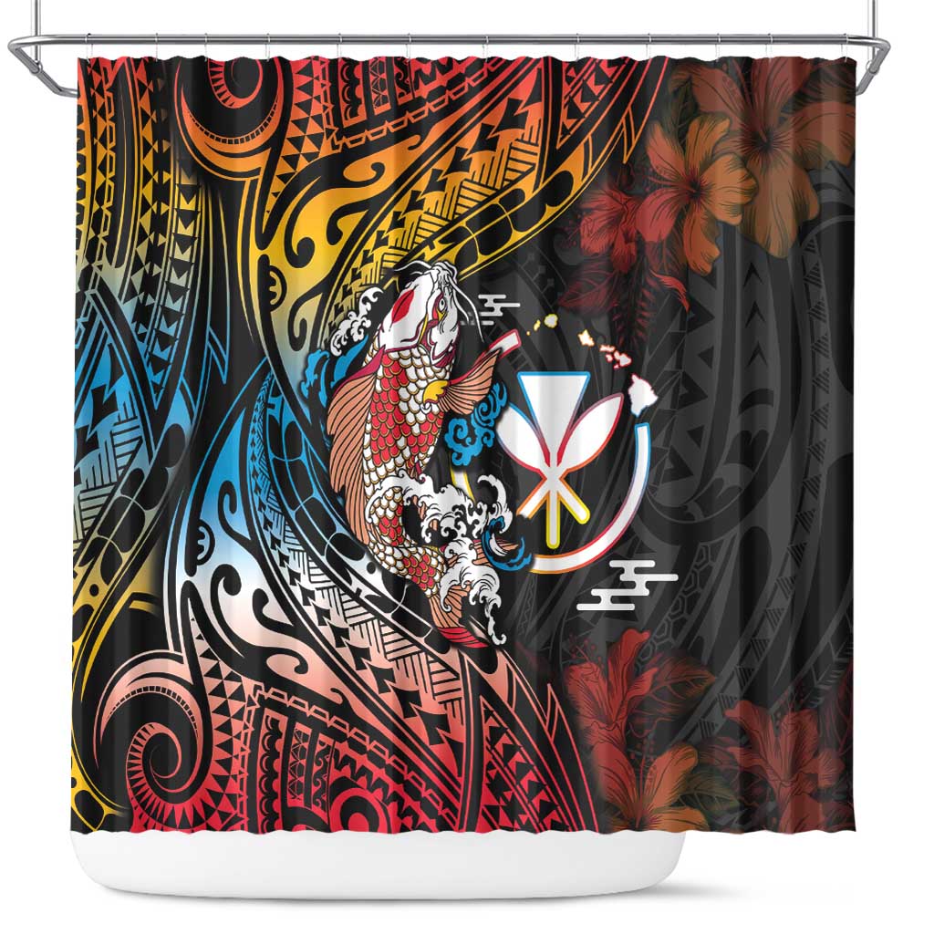Hawaii And Japan Shower Curtain Koi Fish With Kanaka Maoli LT05 Black - Polynesian Pride