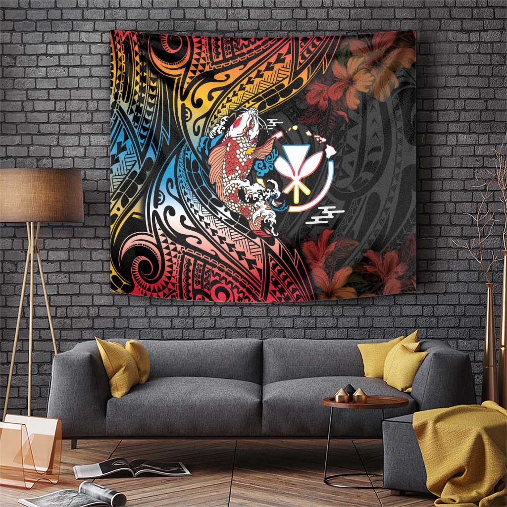 Hawaii And Japan Tapestry Koi Fish With Kanaka Maoli LT05 Black - Polynesian Pride