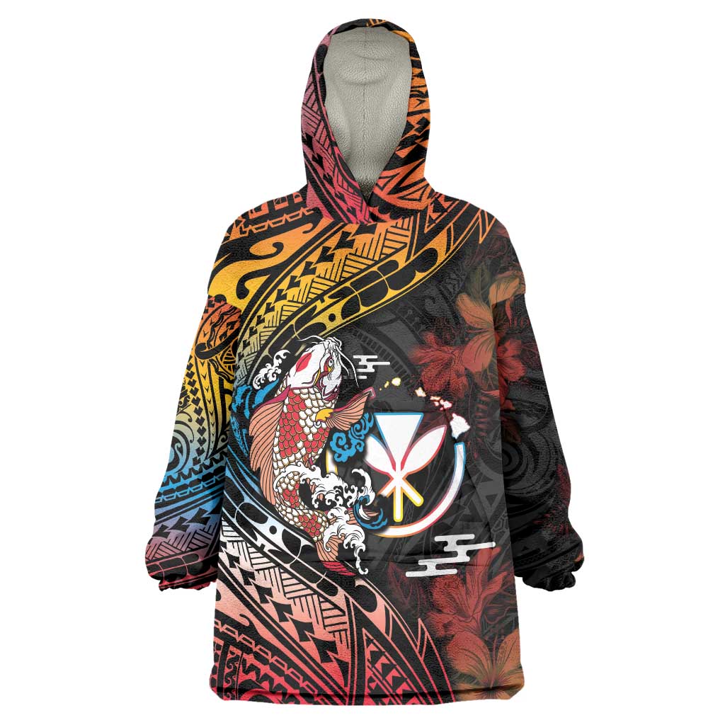 Hawaii And Japan Wearable Blanket Hoodie Koi Fish With Kanaka Maoli LT05 One Size Black - Polynesian Pride