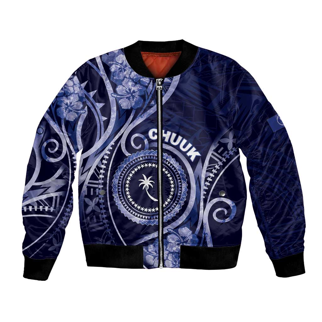 Personalised FSM Chuuk Bomber Jacket Ocean Floral Pattern LT05 Unisex Navy - Polynesian Pride