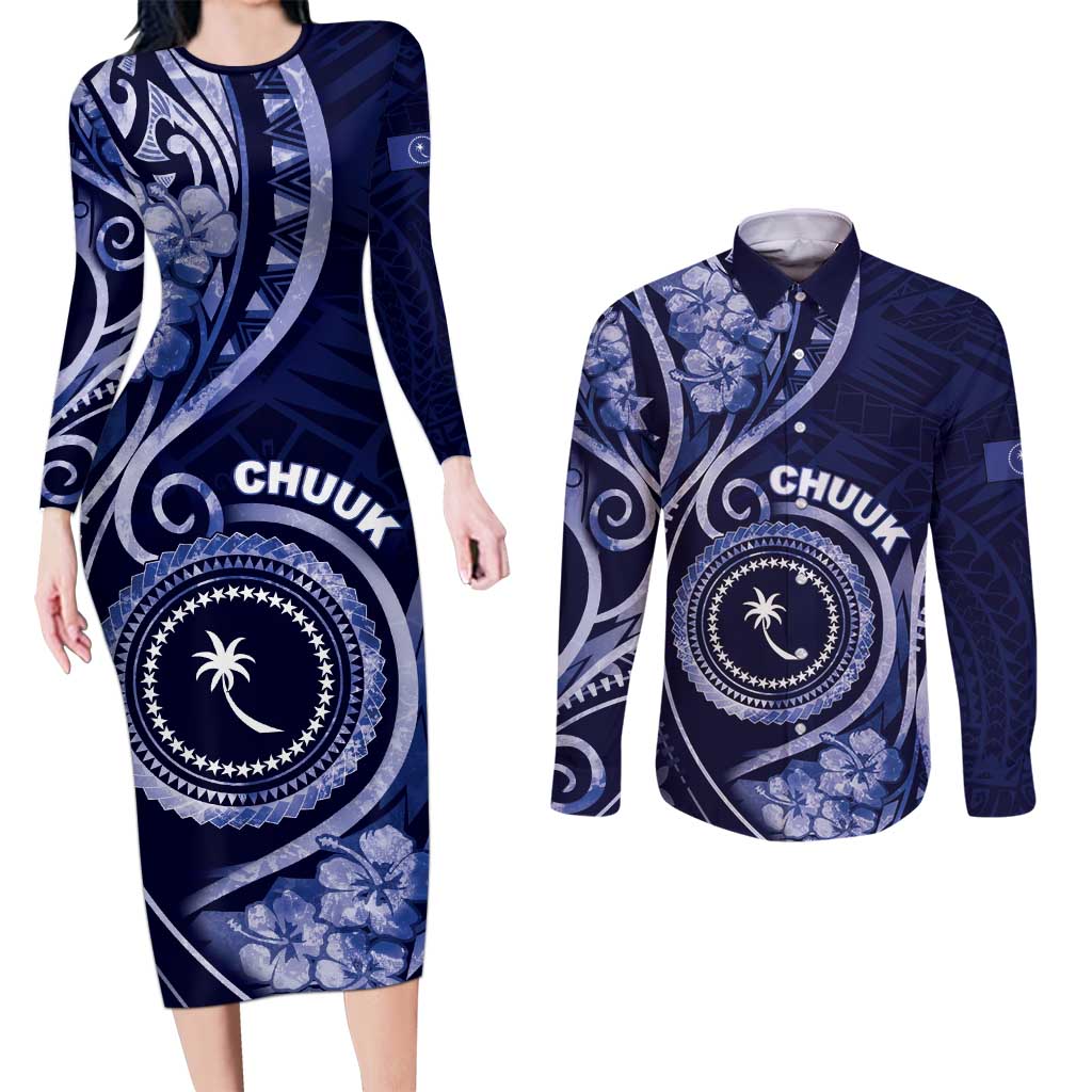 Personalised FSM Chuuk Couples Matching Long Sleeve Bodycon Dress and Long Sleeve Button Shirt Ocean Floral Pattern LT05 Navy - Polynesian Pride