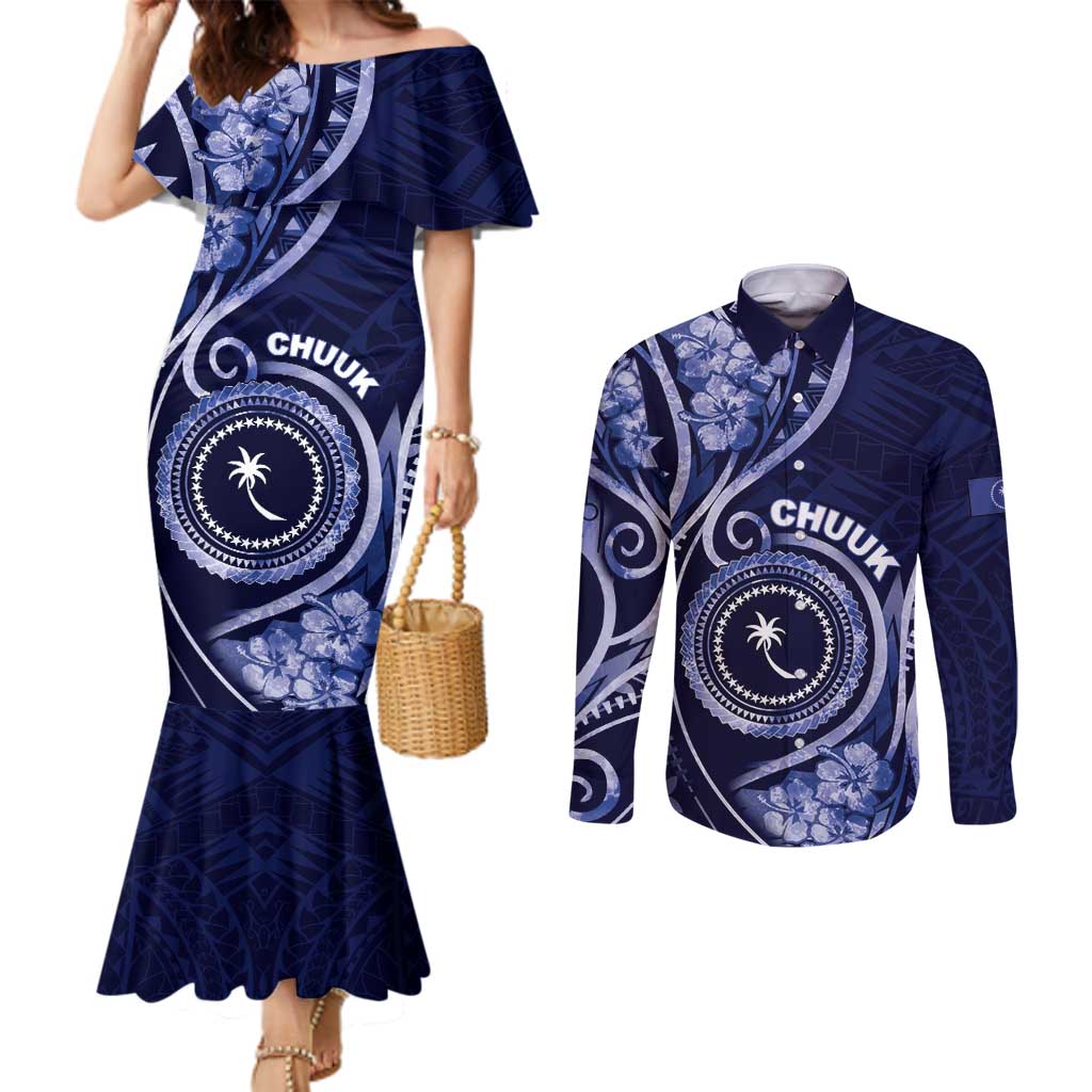 Personalised FSM Chuuk Couples Matching Mermaid Dress and Long Sleeve Button Shirt Ocean Floral Pattern LT05 Navy - Polynesian Pride