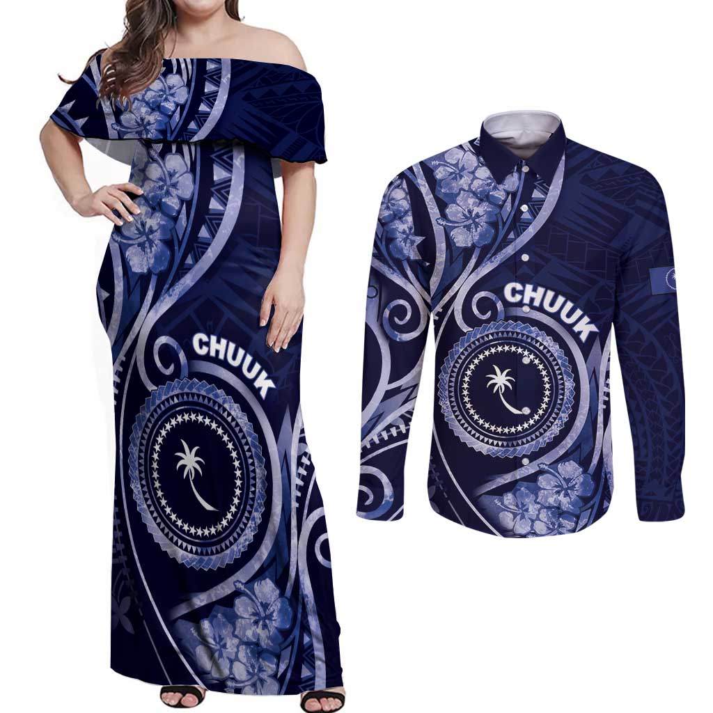 Personalised FSM Chuuk Couples Matching Off Shoulder Maxi Dress and Long Sleeve Button Shirt Ocean Floral Pattern LT05 Navy - Polynesian Pride