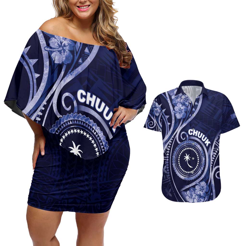 Personalised FSM Chuuk Couples Matching Off Shoulder Short Dress and Hawaiian Shirt Ocean Floral Pattern LT05 Navy - Polynesian Pride