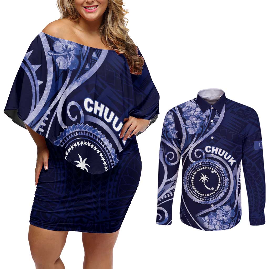 Personalised FSM Chuuk Couples Matching Off Shoulder Short Dress and Long Sleeve Button Shirt Ocean Floral Pattern LT05 Navy - Polynesian Pride