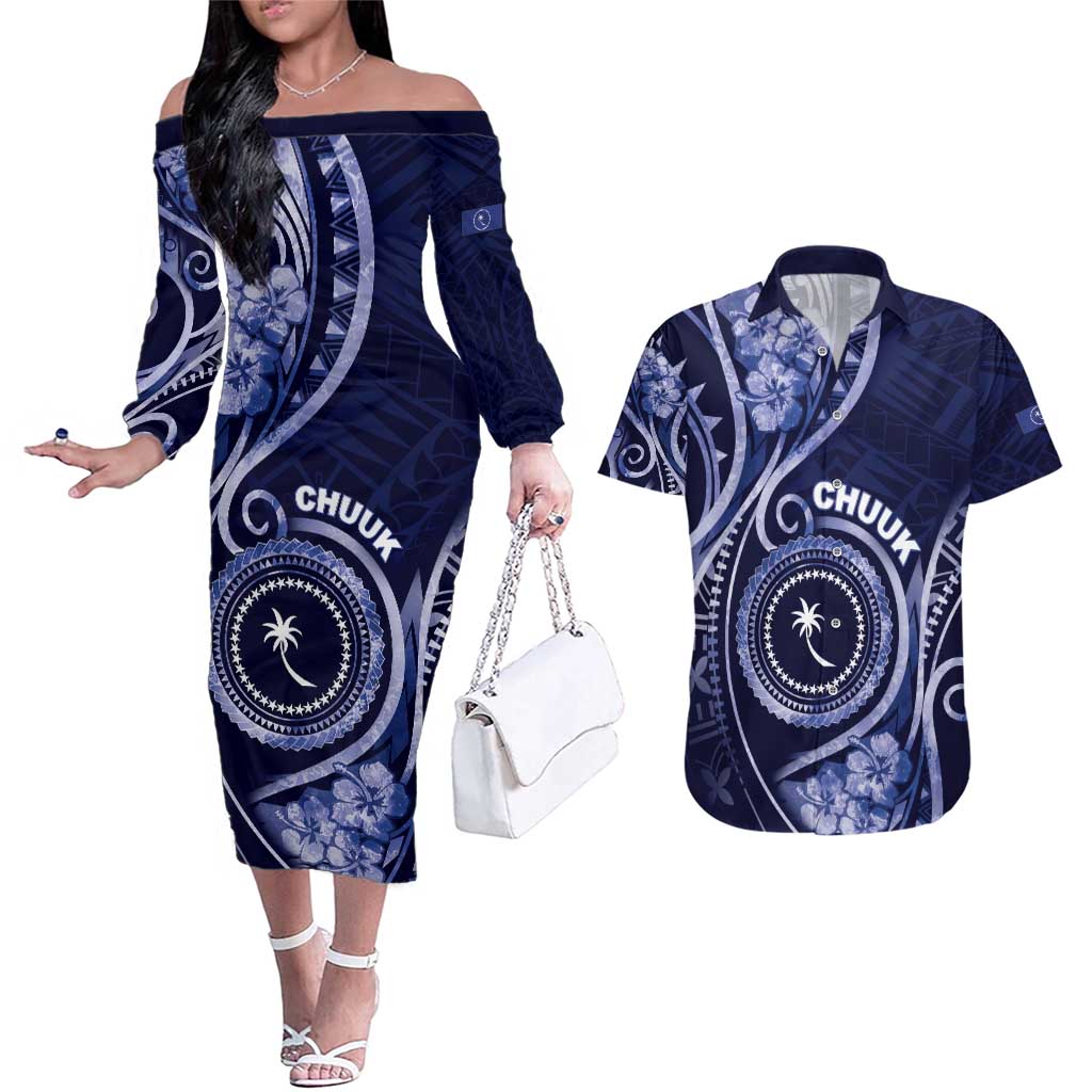 Personalised FSM Chuuk Couples Matching Off The Shoulder Long Sleeve Dress and Hawaiian Shirt Ocean Floral Pattern LT05 Navy - Polynesian Pride