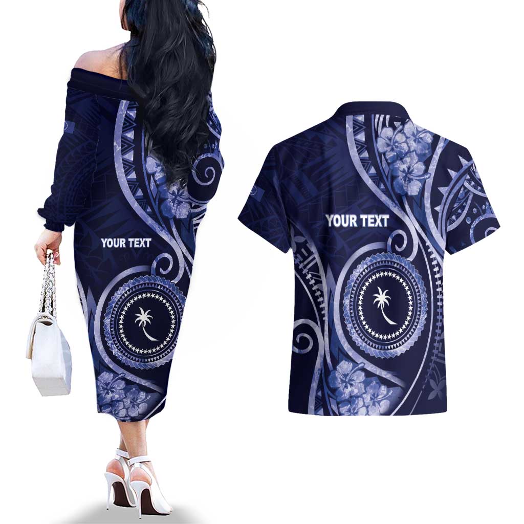 Personalised FSM Chuuk Couples Matching Off The Shoulder Long Sleeve Dress and Hawaiian Shirt Ocean Floral Pattern