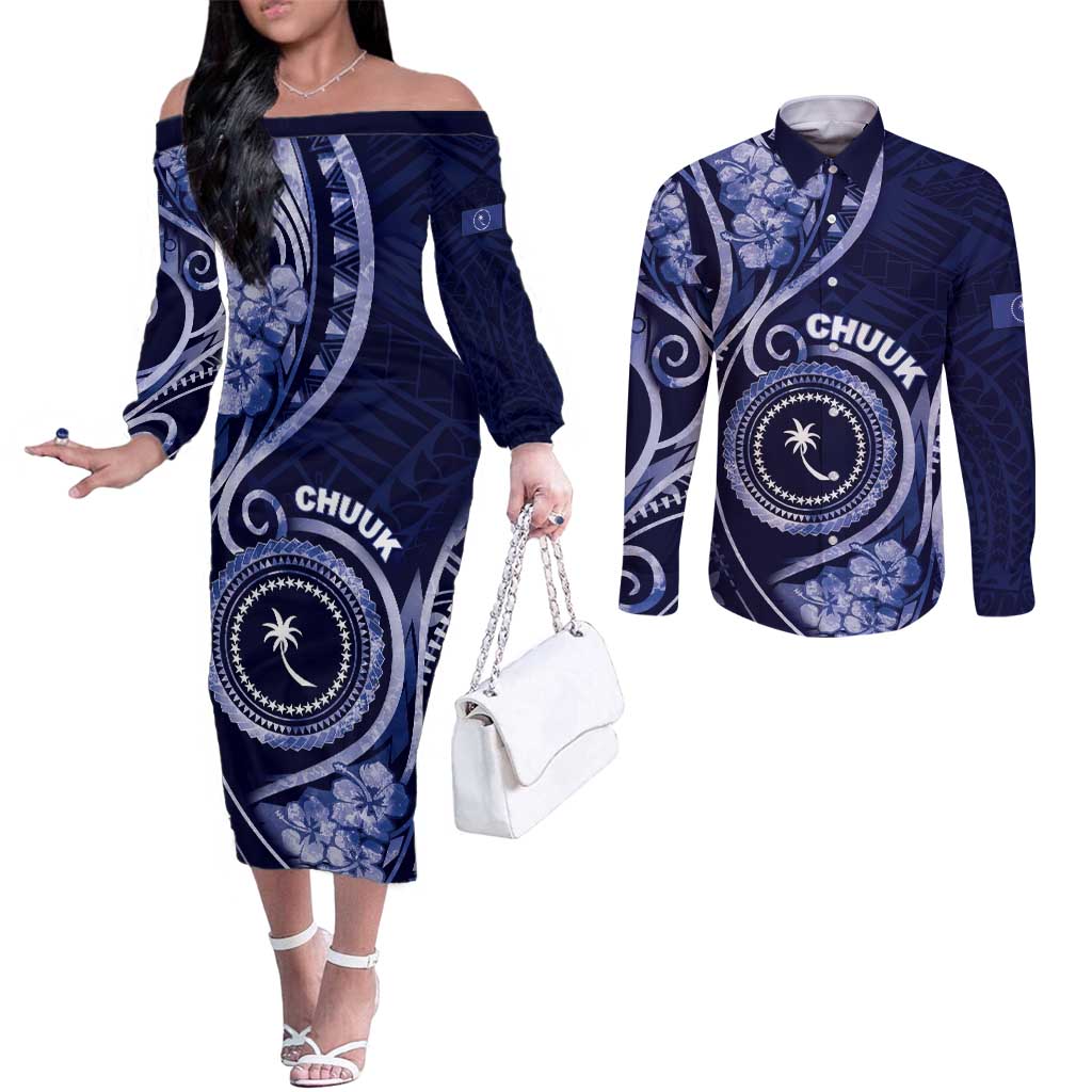 Personalised FSM Chuuk Couples Matching Off The Shoulder Long Sleeve Dress and Long Sleeve Button Shirt Ocean Floral Pattern LT05 Navy - Polynesian Pride