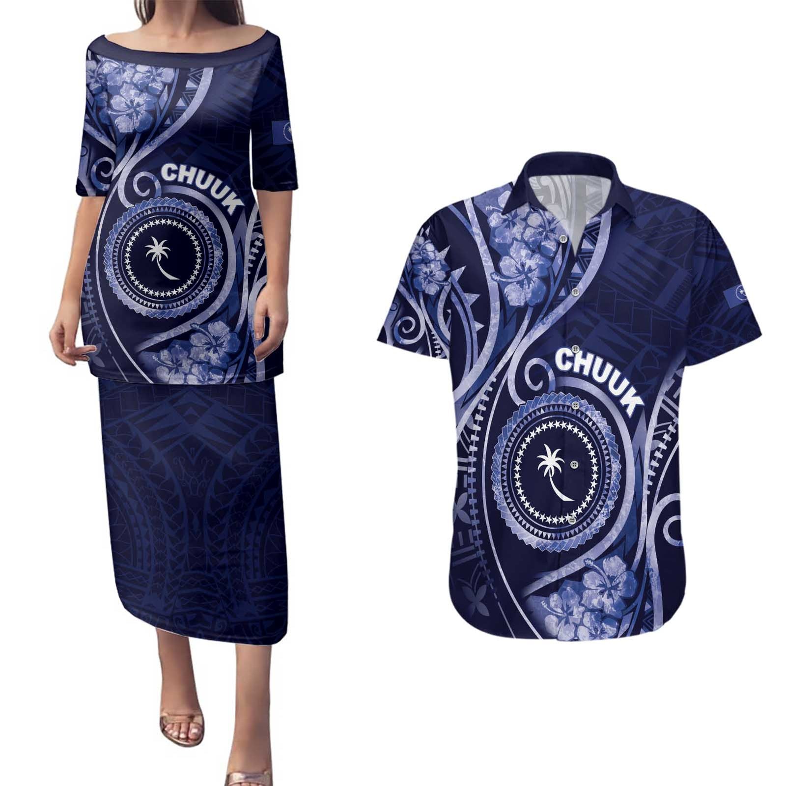 Personalised FSM Chuuk Couples Matching Puletasi and Hawaiian Shirt Ocean Floral Pattern LT05 Navy - Polynesian Pride