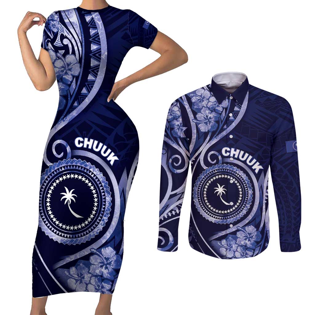 Personalised FSM Chuuk Couples Matching Short Sleeve Bodycon Dress and Long Sleeve Button Shirt Ocean Floral Pattern LT05 Navy - Polynesian Pride