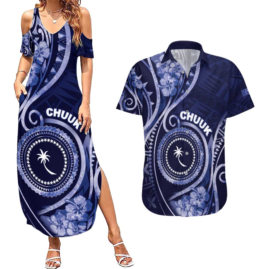 Personalised FSM Chuuk Couples Matching Summer Maxi Dress and Hawaiian Shirt Ocean Floral Pattern LT05 Navy - Polynesian Pride