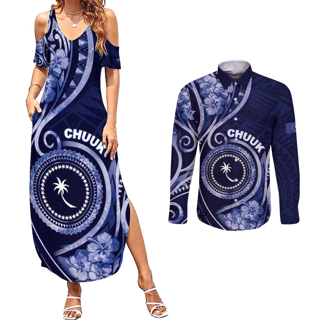 Personalised FSM Chuuk Couples Matching Summer Maxi Dress and Long Sleeve Button Shirt Ocean Floral Pattern LT05 Navy - Polynesian Pride