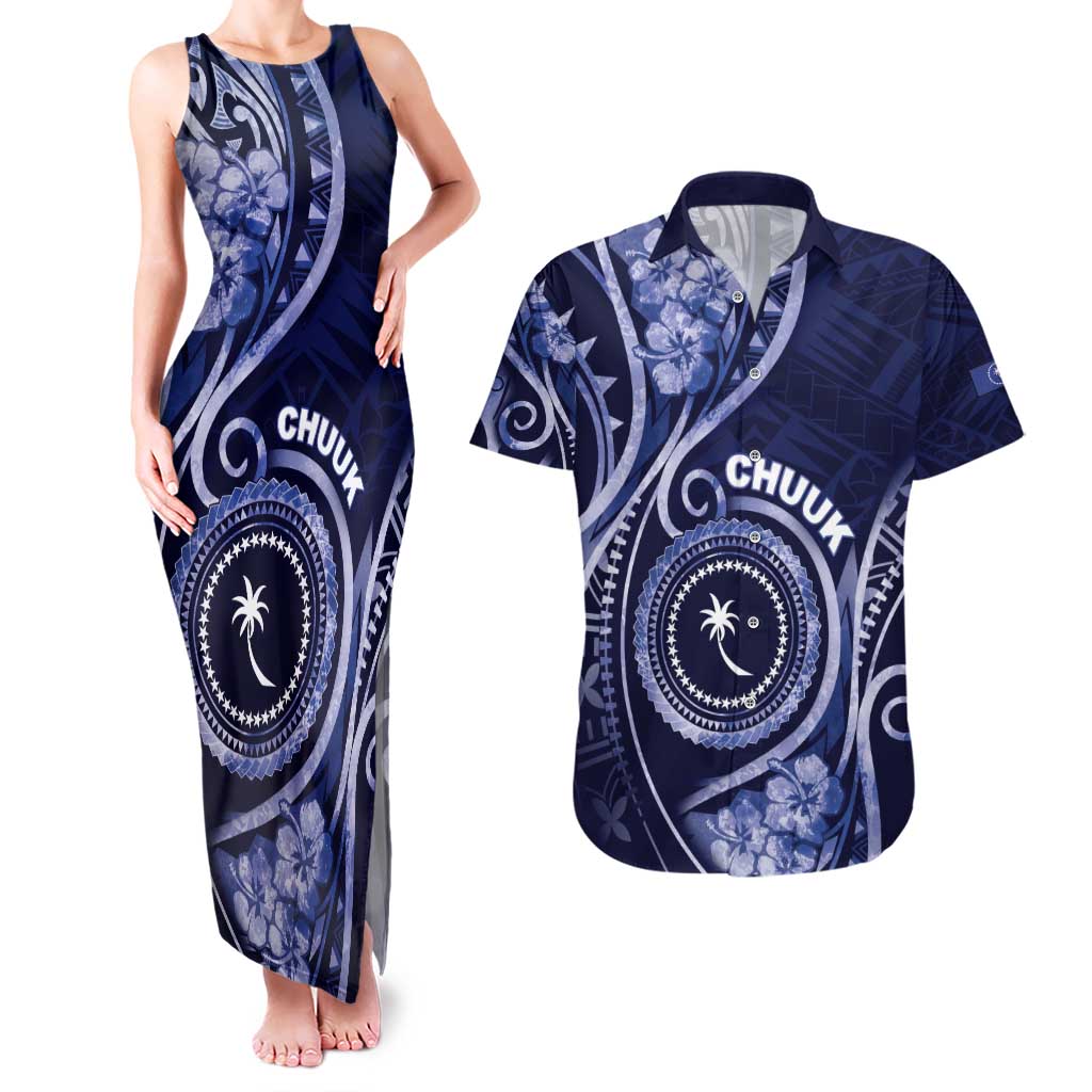 Personalised FSM Chuuk Couples Matching Tank Maxi Dress and Hawaiian Shirt Ocean Floral Pattern LT05 Navy - Polynesian Pride