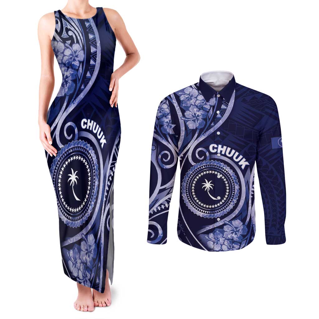 Personalised FSM Chuuk Couples Matching Tank Maxi Dress and Long Sleeve Button Shirt Ocean Floral Pattern LT05 Navy - Polynesian Pride