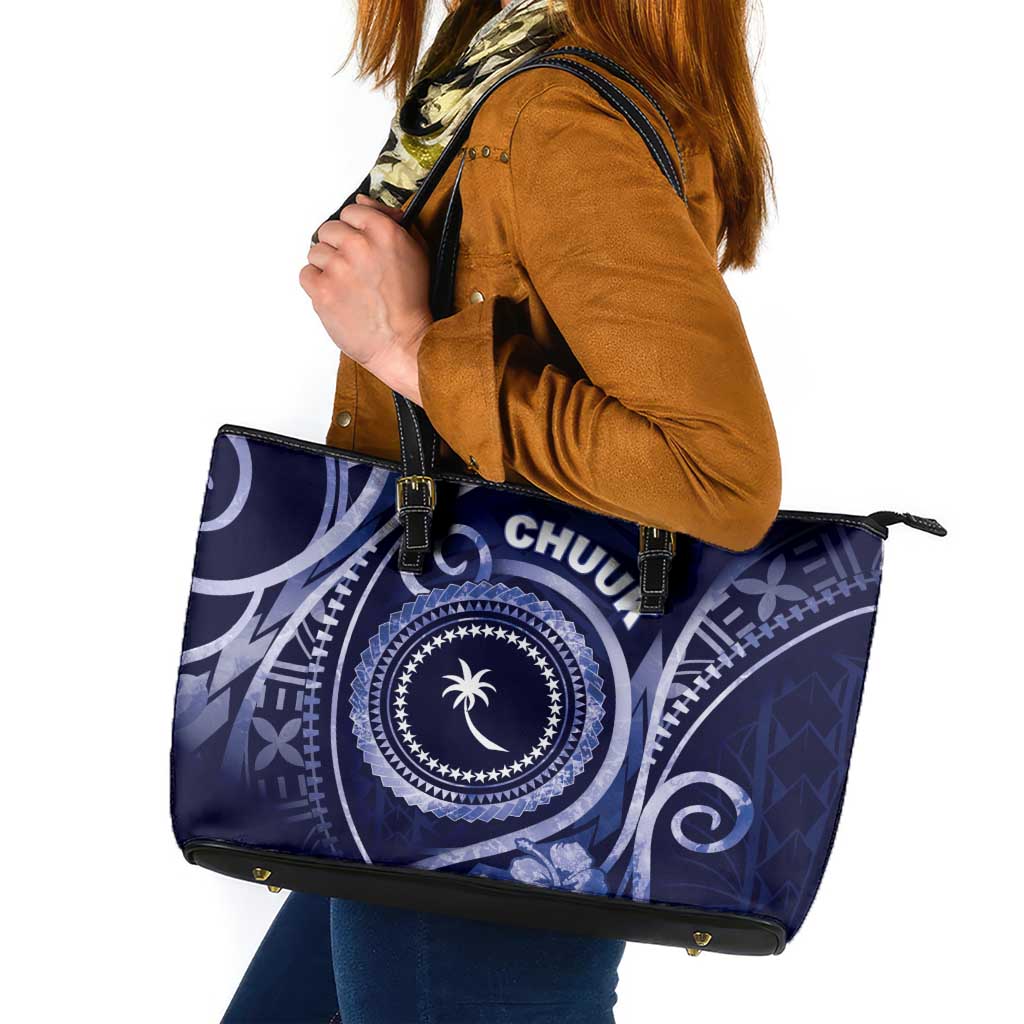 FSM Chuuk Leather Tote Bag Ocean Floral Pattern LT05 Navy - Polynesian Pride