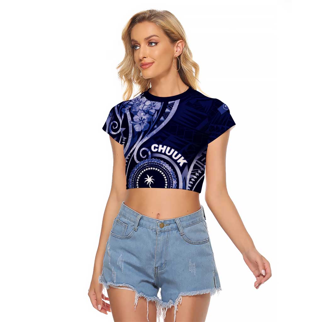 Personalised FSM Chuuk Raglan Cropped T Shirt Ocean Floral Pattern LT05 Female Navy - Polynesian Pride