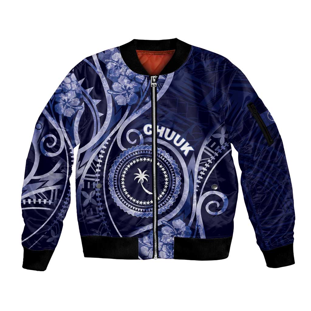Personalised FSM Chuuk Sleeve Zip Bomber Jacket Ocean Floral Pattern LT05 Unisex Navy - Polynesian Pride