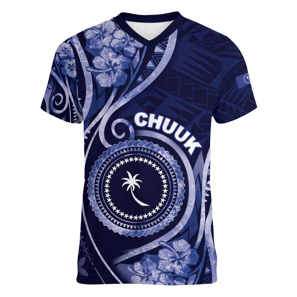 Personalised FSM Chuuk Women V-Neck T-Shirt Ocean Floral Pattern LT05 Female Navy - Polynesian Pride