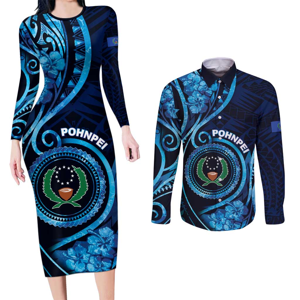 Personalised FSM Pohnpei Couples Matching Long Sleeve Bodycon Dress and Long Sleeve Button Shirt Ocean Floral Pattern LT05 Blue - Polynesian Pride