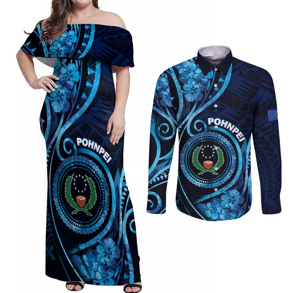 Personalised FSM Pohnpei Couples Matching Off Shoulder Maxi Dress and Long Sleeve Button Shirt Ocean Floral Pattern LT05 Blue - Polynesian Pride