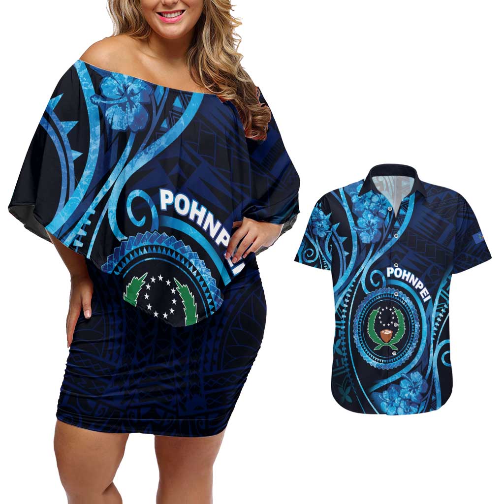 Personalised FSM Pohnpei Couples Matching Off Shoulder Short Dress and Hawaiian Shirt Ocean Floral Pattern LT05 Blue - Polynesian Pride