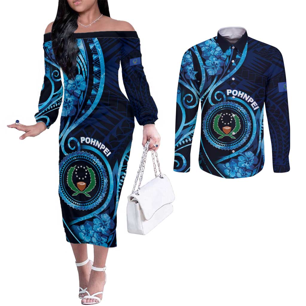 Personalised FSM Pohnpei Couples Matching Off The Shoulder Long Sleeve Dress and Long Sleeve Button Shirt Ocean Floral Pattern LT05 Blue - Polynesian Pride