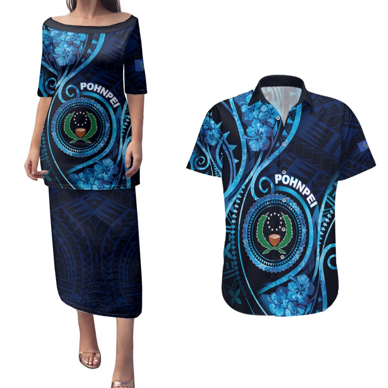 Personalised FSM Pohnpei Couples Matching Puletasi and Hawaiian Shirt Ocean Floral Pattern LT05 Blue - Polynesian Pride
