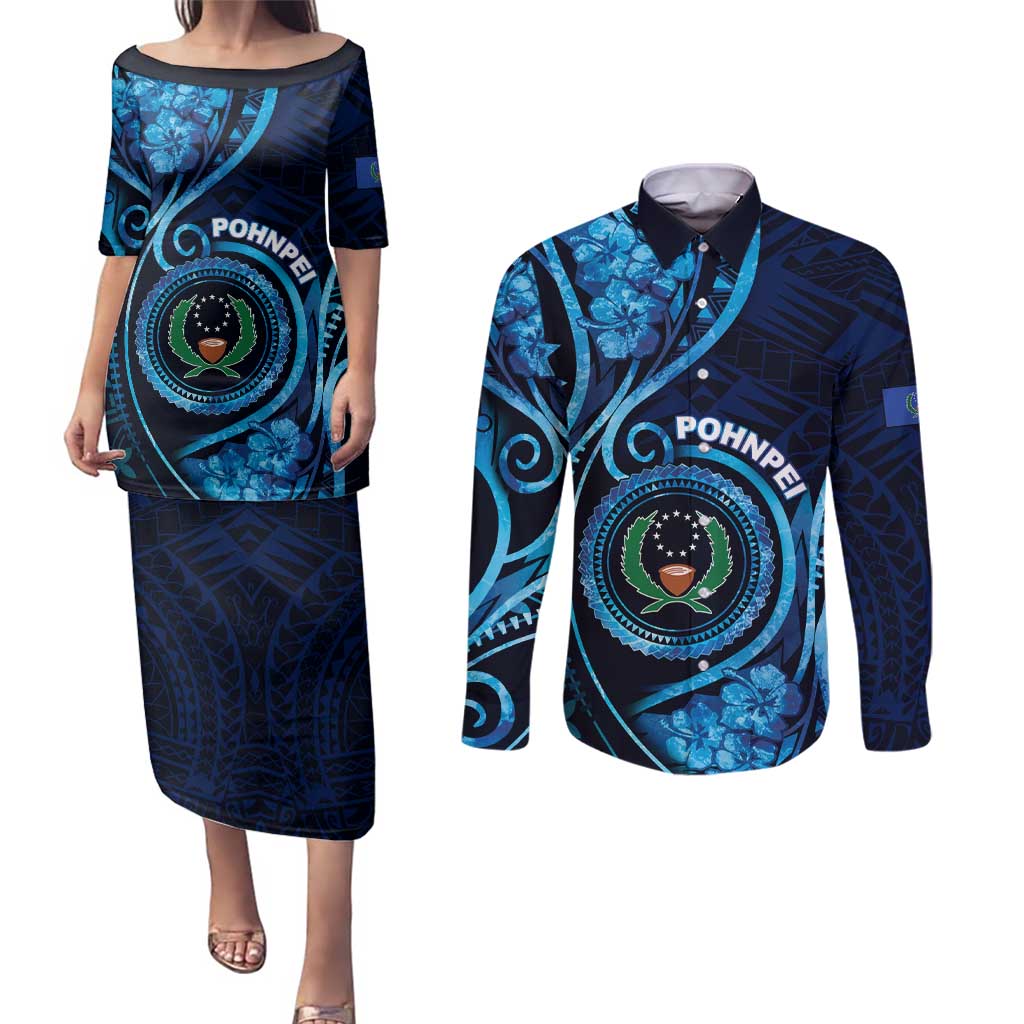 Personalised FSM Pohnpei Couples Matching Puletasi and Long Sleeve Button Shirt Ocean Floral Pattern LT05 Blue - Polynesian Pride