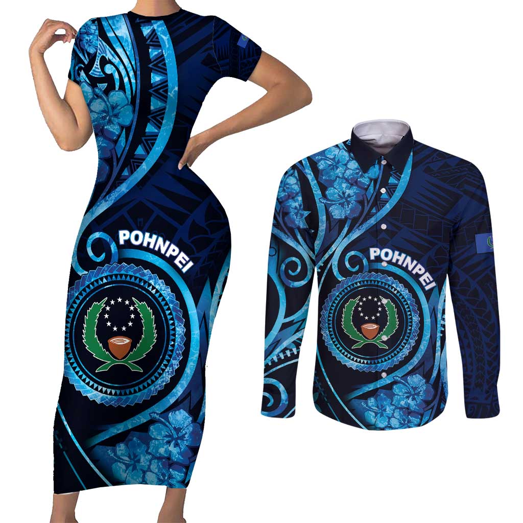 Personalised FSM Pohnpei Couples Matching Short Sleeve Bodycon Dress and Long Sleeve Button Shirt Ocean Floral Pattern LT05 Blue - Polynesian Pride