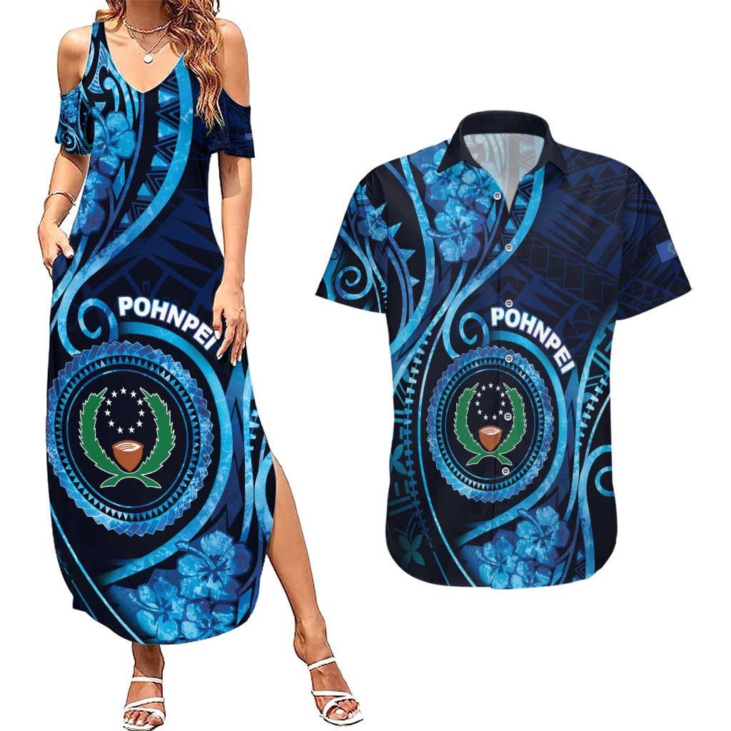 Personalised FSM Pohnpei Couples Matching Summer Maxi Dress and Hawaiian Shirt Ocean Floral Pattern LT05 Blue - Polynesian Pride