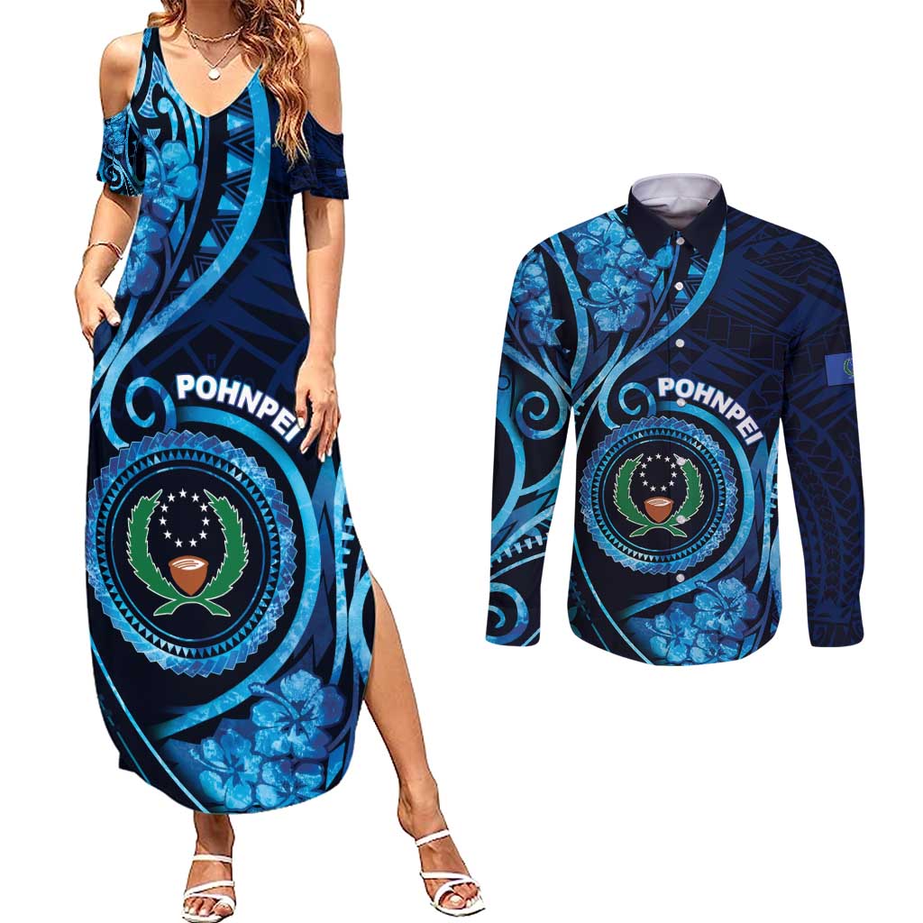 Personalised FSM Pohnpei Couples Matching Summer Maxi Dress and Long Sleeve Button Shirt Ocean Floral Pattern LT05 Blue - Polynesian Pride