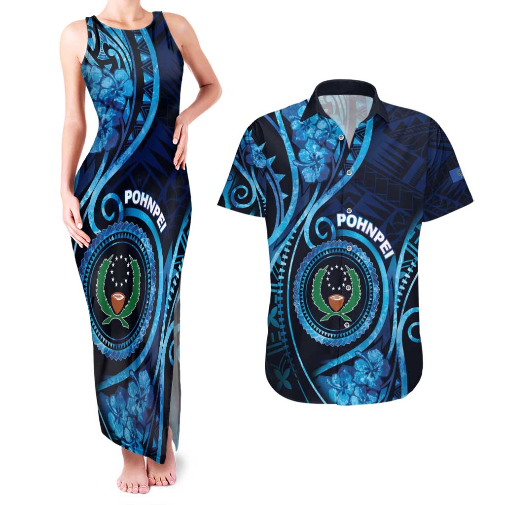 Personalised FSM Pohnpei Couples Matching Tank Maxi Dress and Hawaiian Shirt Ocean Floral Pattern LT05 Blue - Polynesian Pride