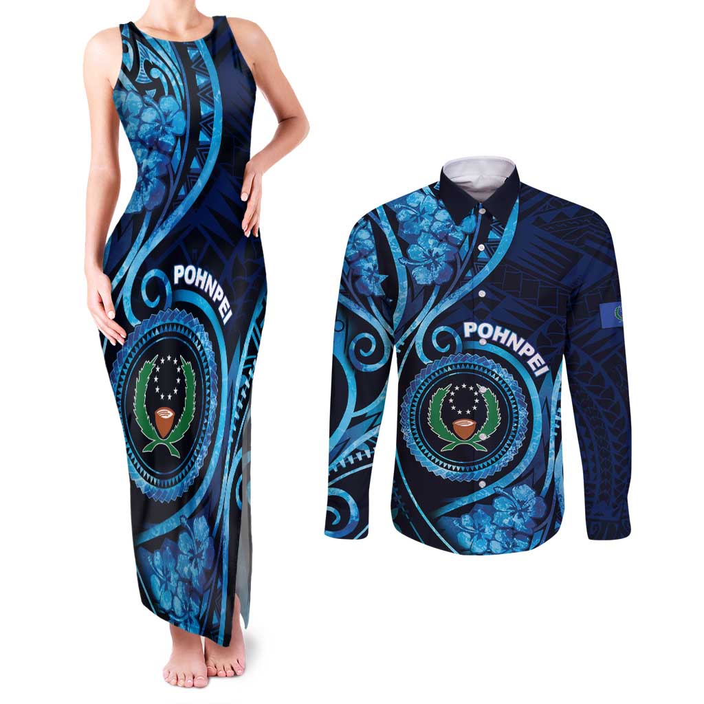 Personalised FSM Pohnpei Couples Matching Tank Maxi Dress and Long Sleeve Button Shirt Ocean Floral Pattern LT05 Blue - Polynesian Pride